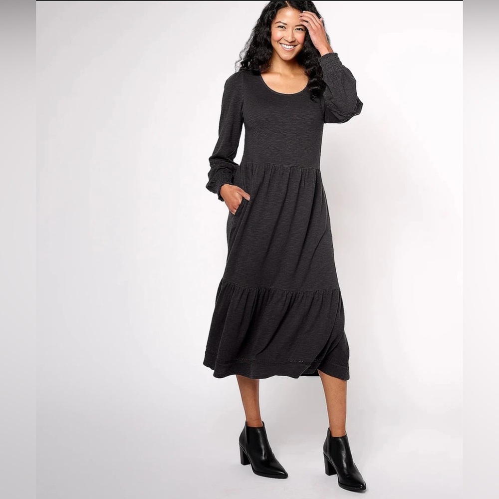 Denim & Co. Canyon Retreat Easy Midi Tiered Dress Washed Black Long Sleeve